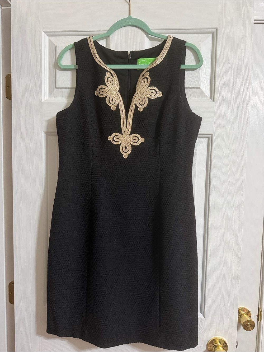 Pappagallo Black and Gold Formal Sleeveless V Neck Zip Up Shift Dress Size 10